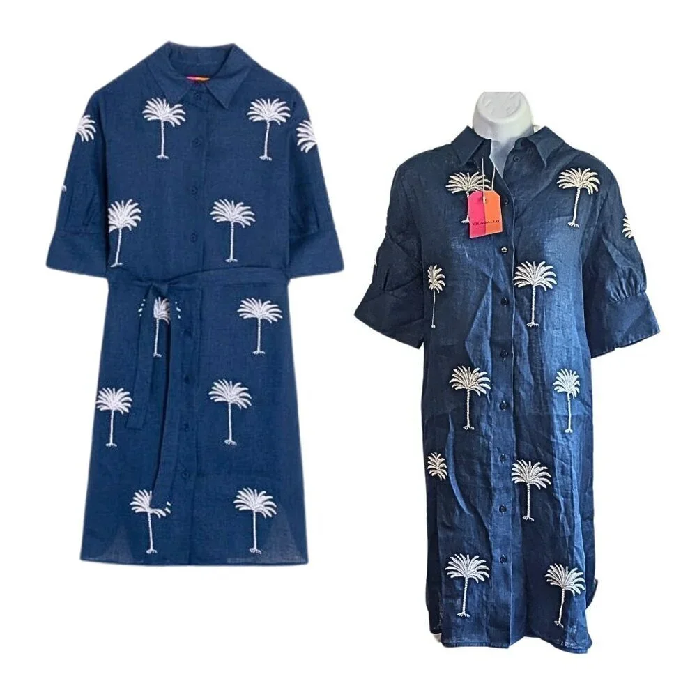NWT VILAGALLO Hester Palm Tree Embroidered 100% Linen Shirt Dress Size 42/8